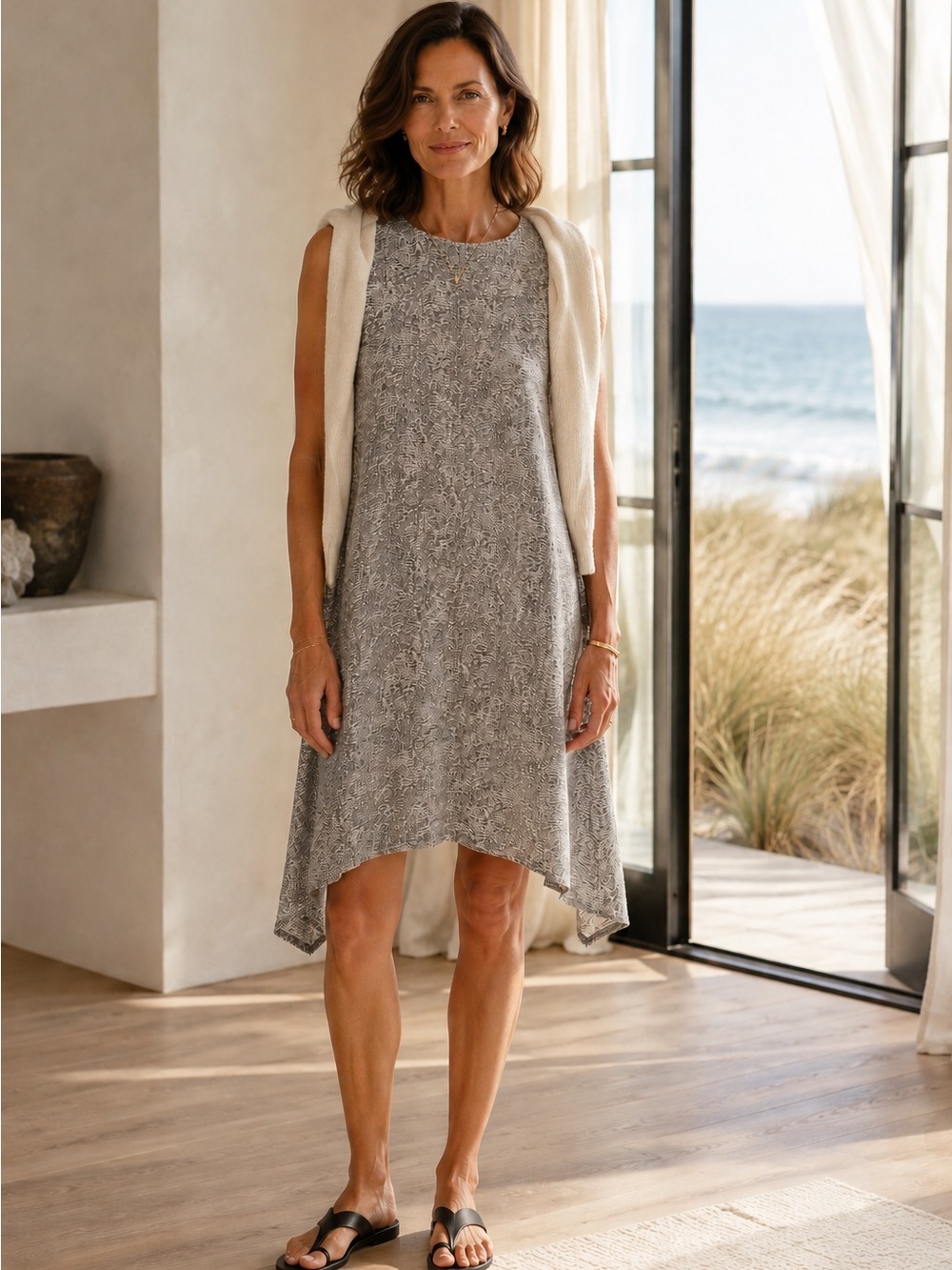 Eileen Fisher Broken Chevron Swing Dress Sleeveless Tencel Large Beige Black